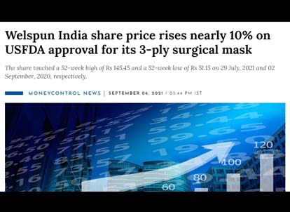 Welspun India share price rises nearly 10% on USFDA approval for its 3-ply surgical mask